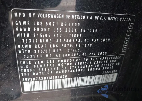 2019 Volkswagen Tiguan 2.0T Se/2.0T Sel/2.0T Sel R-Line/2.0T Sel R-Line Black z USA, uszkodzony, nr VIN 3VV2B7AX8KM181826